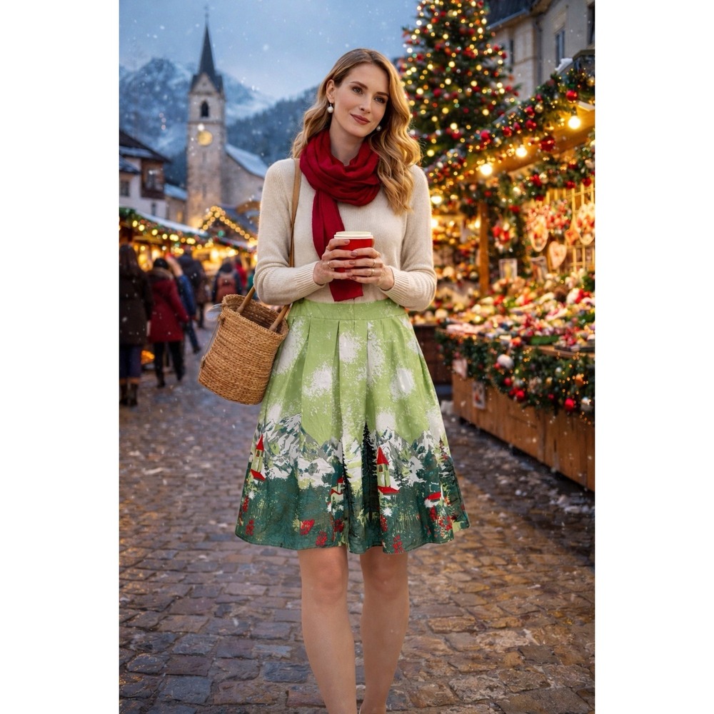 Alpine Village Scenic Pleated A-Line Skirt Womens Size L Green Holiday - Picture 2 of 10